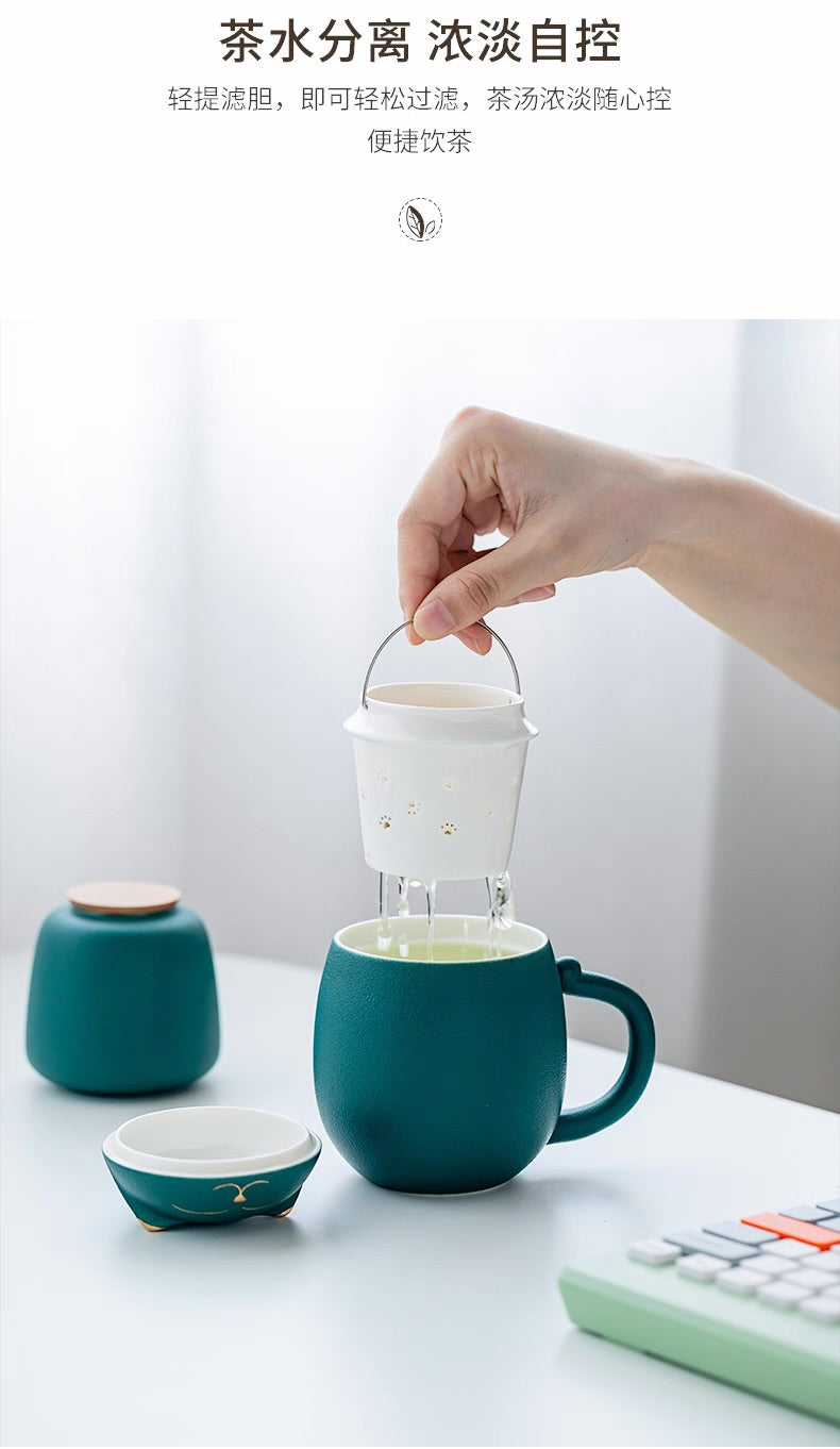 招財貓茶杯 陶瓷材質 附茶葉罐 便攜四色