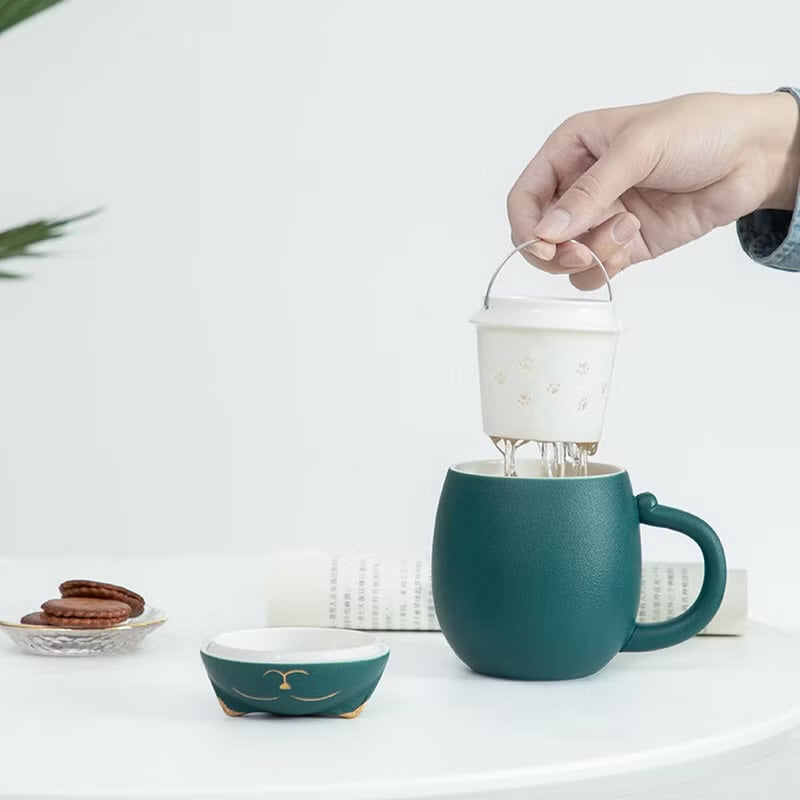 招財貓茶杯 陶瓷材質 附茶葉罐 便攜四色