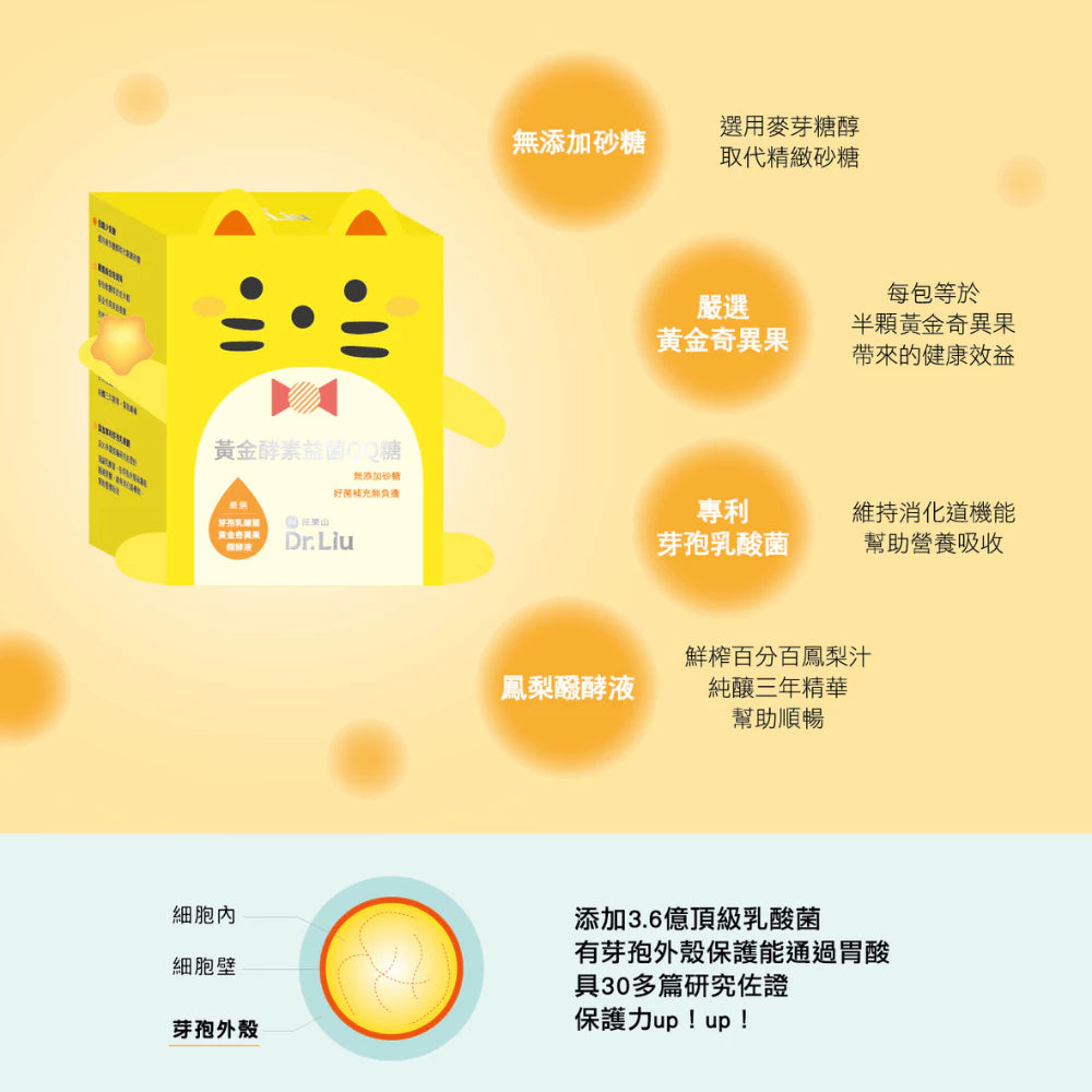 旺萊山Dr.Liu - 黃金酵素益菌QQ糖 健康零食 無添加砂糖 乳酸菌軟糖 (14包/盒)
