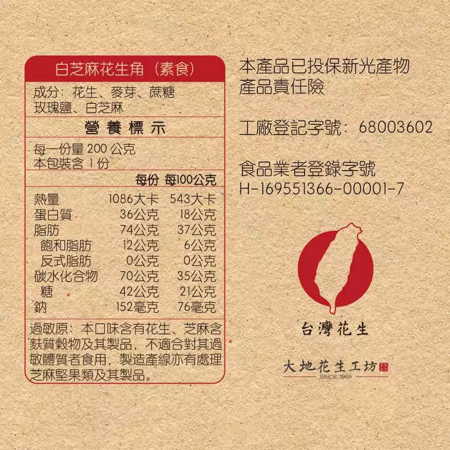 【大地花生工坊】白芝麻花生角 200g/袋(可素食)|經典花生糖 焙炒花生角