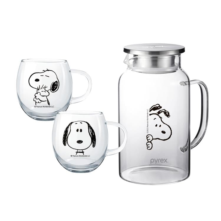 康寧PYREX SNOOPY 黑白復刻耐熱玻璃一壺二杯組-3款任選