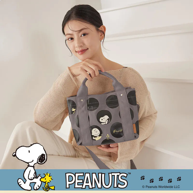SNOOPY x Kiiwi O! 聯名款.日本同步多隔層厚磅帆布兩用托特包 KATO 灰圓點(1入)