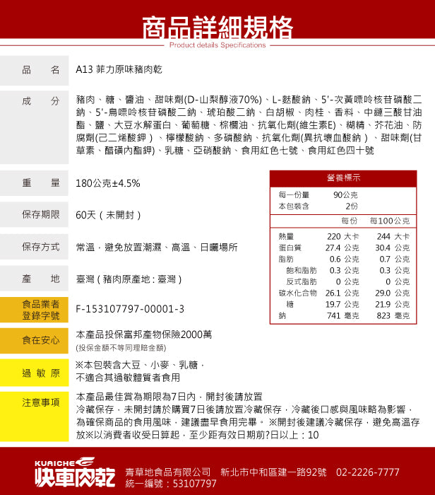 🧨2025新年禮盒🧨【快車肉乾】A13菲力原味豬肉乾