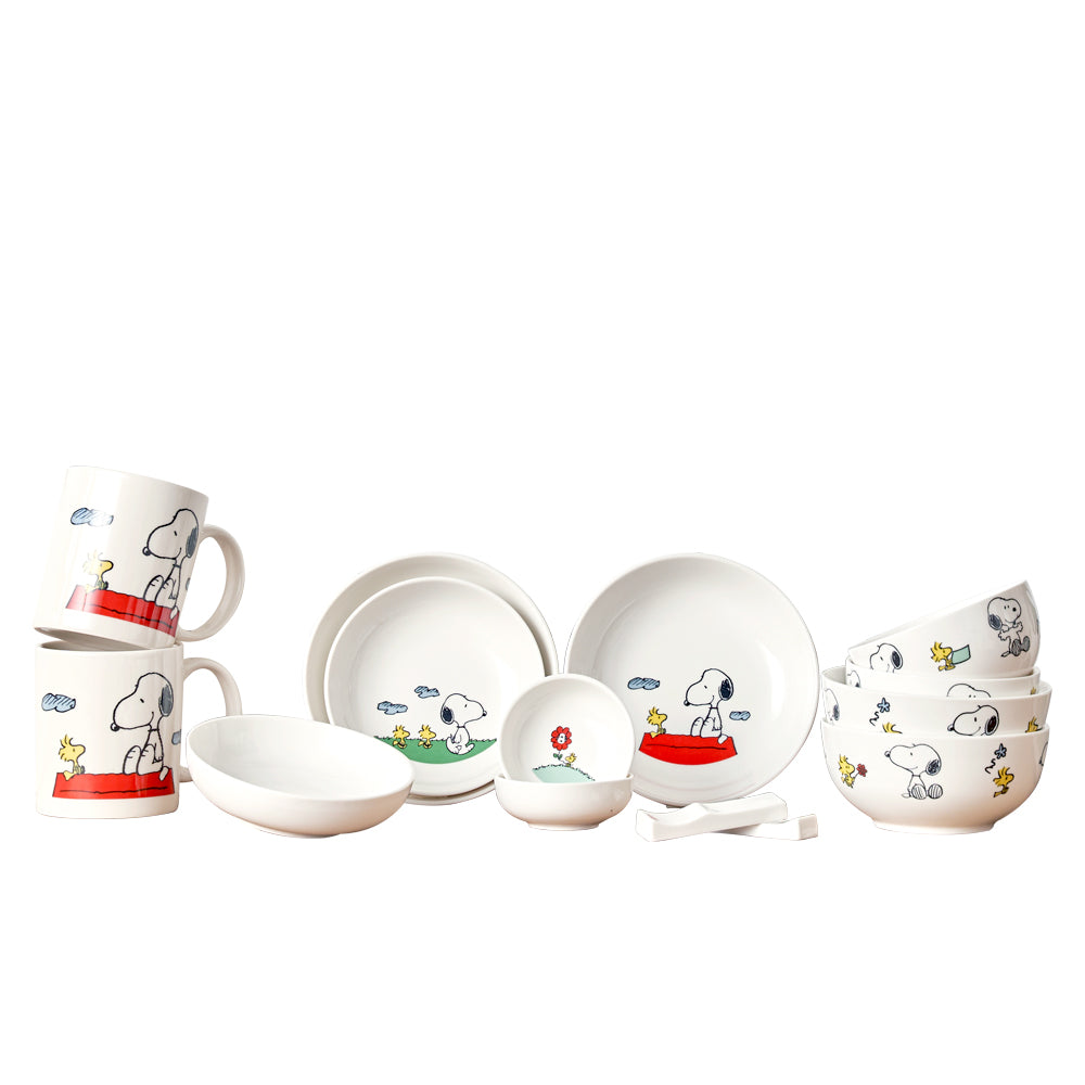 【美國康寧 CORELLE】SNOOPY HOME 14件式陶瓷餐具禮盒 (原裝進口)
