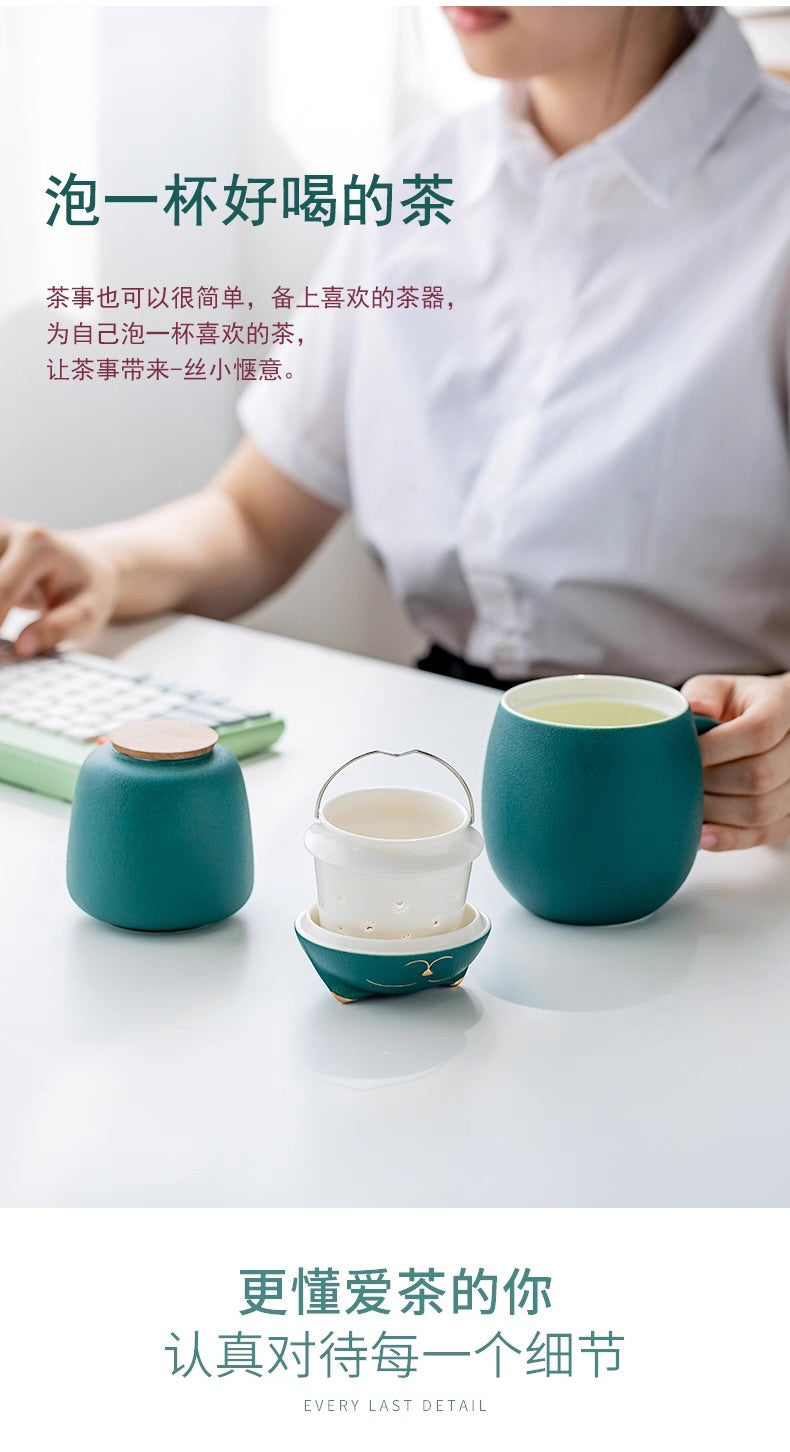 招財貓茶杯 陶瓷材質 附茶葉罐 便攜四色