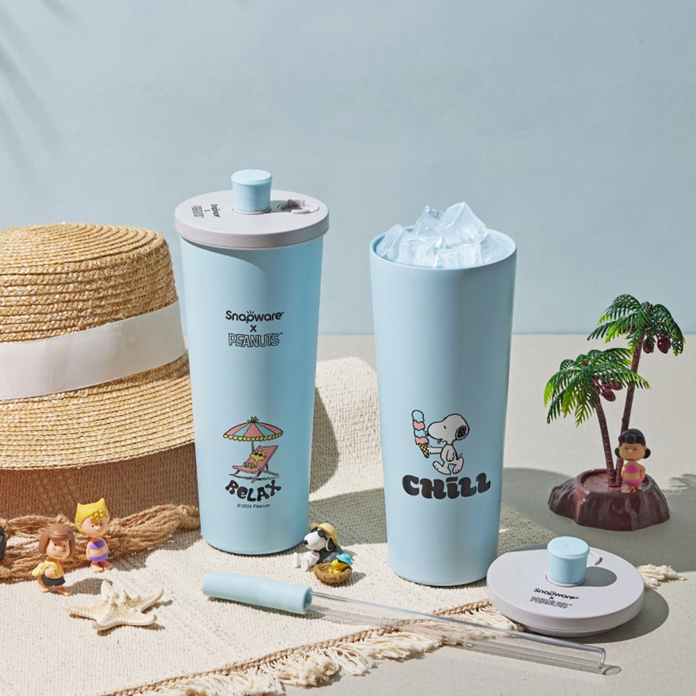 【康寧SNAPWARE】Snoopy海灘假期 鋅light輕瓷保溫保冰跳跳吸管杯850ml-附杯套(1入)