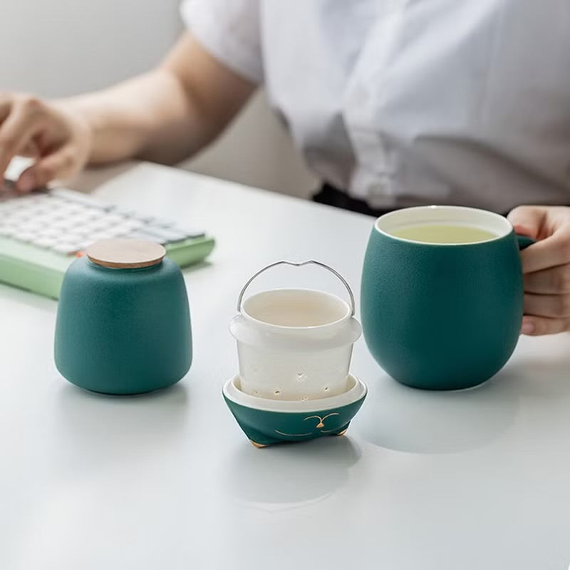 招財貓茶杯 陶瓷材質 附茶葉罐 便攜四色