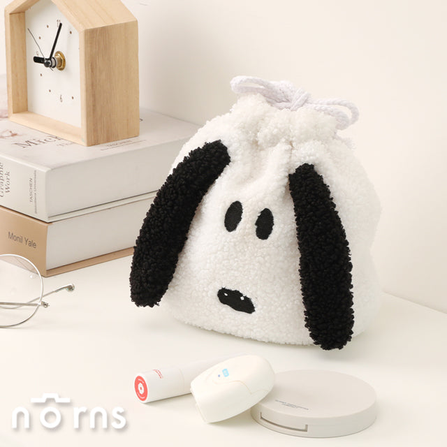Norns Peanuts史努比絨毛造型束口袋 QQ大臉 Norns Original Design Snoopy正版授權收納袋(1入)