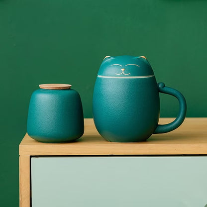 招財貓茶杯 陶瓷材質 附茶葉罐 便攜四色