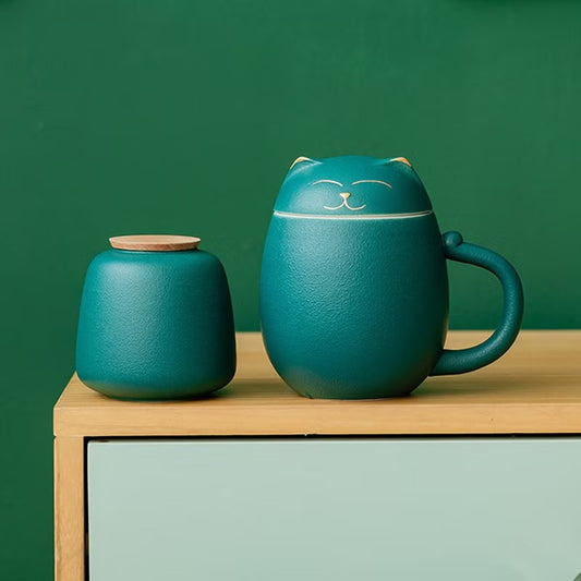 招財貓茶杯 陶瓷材質 附茶葉罐 便攜四色