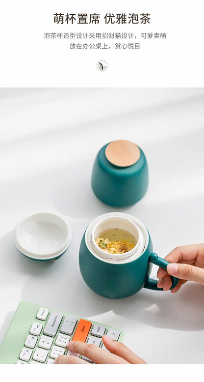 招財貓茶杯 陶瓷材質 附茶葉罐 便攜四色