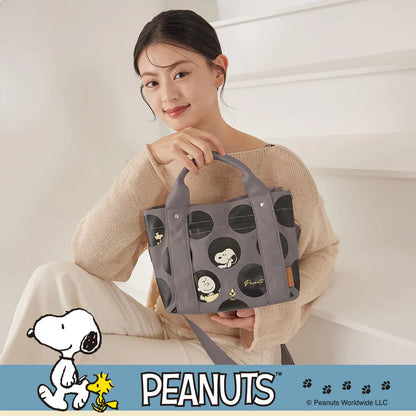 SNOOPY x Kiiwi O! 聯名款．日本同步多隔層厚磅帆布兩用托特包 KATO 灰圓點(1入)