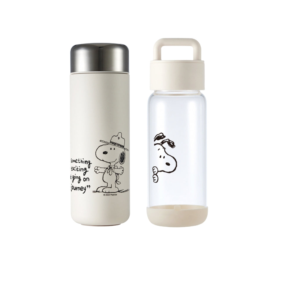 超值兩入組【康寧餐具 SNAPWARE】SNOOPY復刻黑白 鋅動輕瓷不鏽鋼隨行保溫杯500ml+提把隨行玻璃杯710ml(2入)