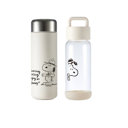 超值兩入組【康寧餐具 SNAPWARE】SNOOPY復刻黑白 鋅動輕瓷不鏽鋼隨行保溫杯500ml+提把隨行玻璃杯710ml(2入)