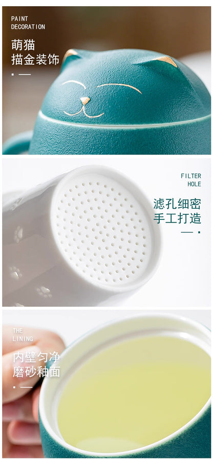 招財貓茶杯 陶瓷材質 附茶葉罐 便攜四色