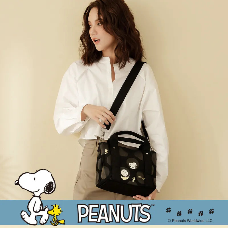 SNOOPY x Kiiwi O! 聯名款．日本同步多隔層厚磅帆布兩用托特包 KATO 黑圓點(1入)