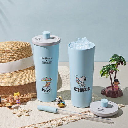 【康寧SNAPWARE】Snoopy海灘假期 鋅light輕瓷保溫保冰跳跳吸管杯850ml-附杯套(1入)